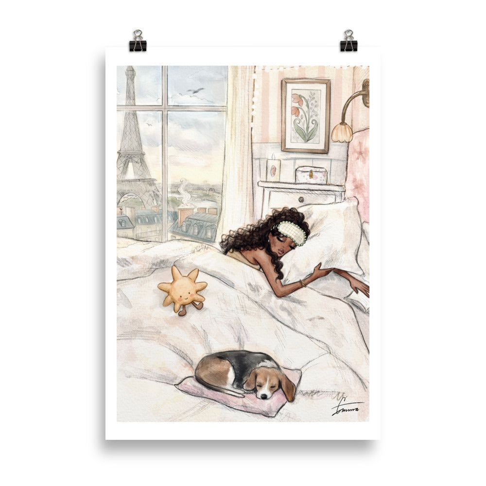 Emmzonn Beauty Sleep illustration featuring a girl resting in a chic setting in paris. Watercolor hand painted.