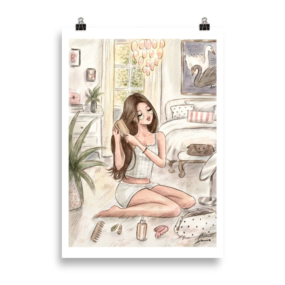 Girlhood self care fashion illustration poster. Girl brushing her hair on the floor with makeup scattered around her. Relatable scene.