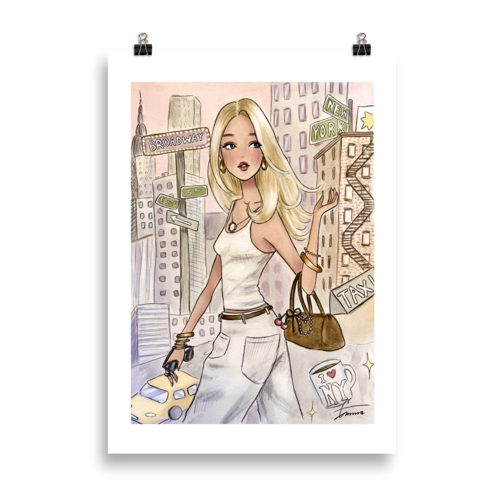 blonde girl in New york city collage NYC background, Sophisticated hand-painted NYC fashion illustration watercolor art print.
