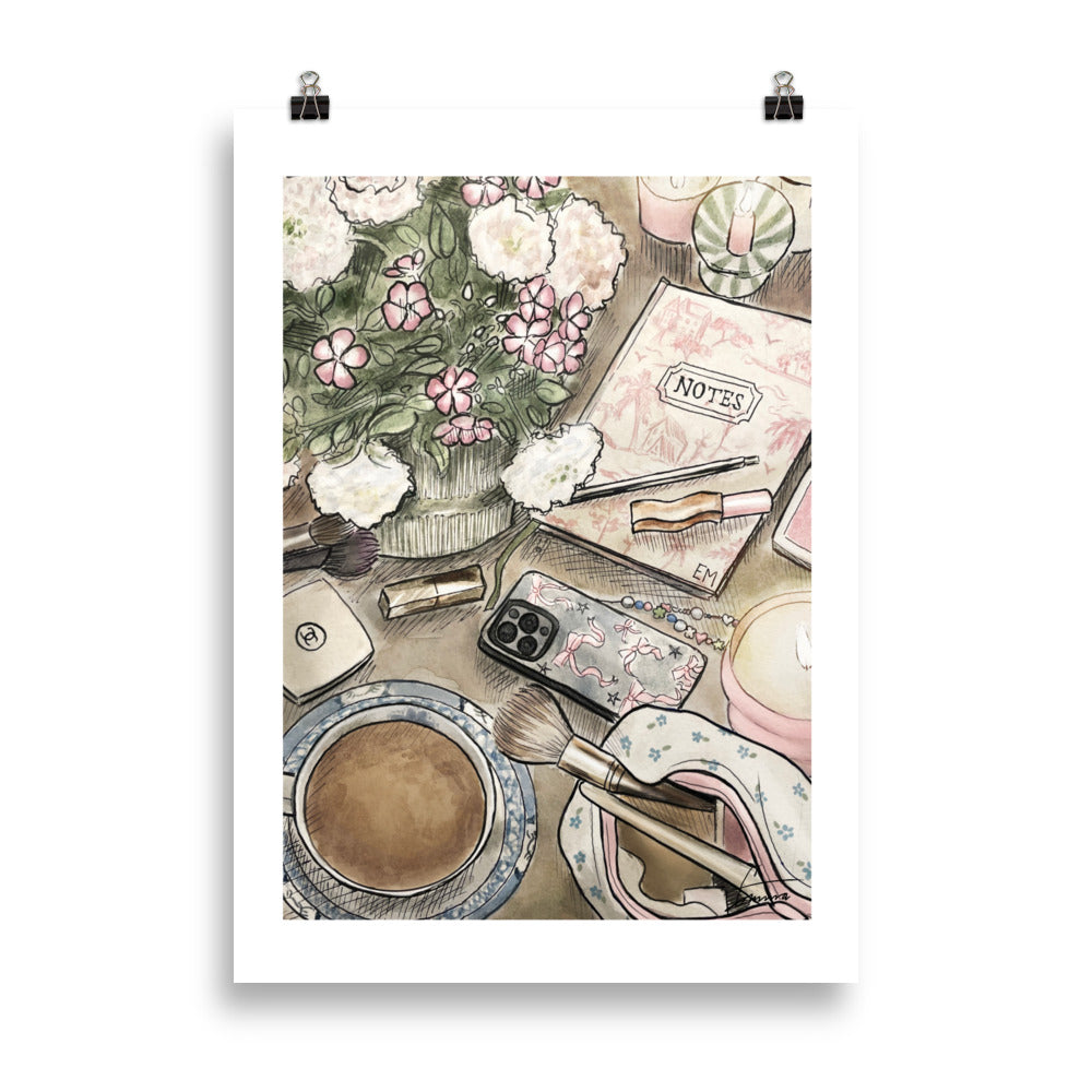 Watercolor illustration chic mess on table. Girlhood on a table, flowers, books, candles. Light pink and green color theme. Feminine chic pretty relatable print