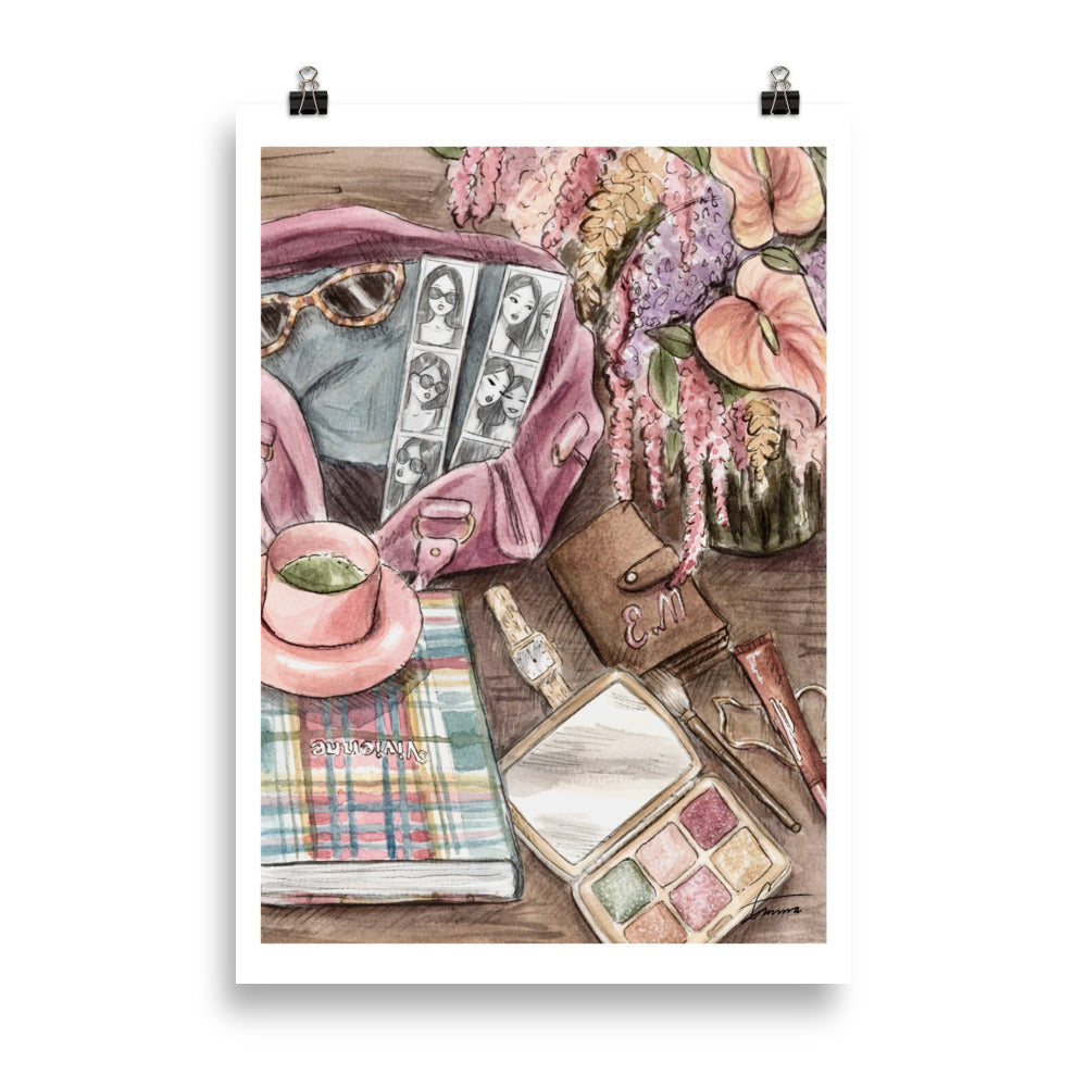 Fashion illustration of scattered beauty items and accessories in a stylish mess, chic art print