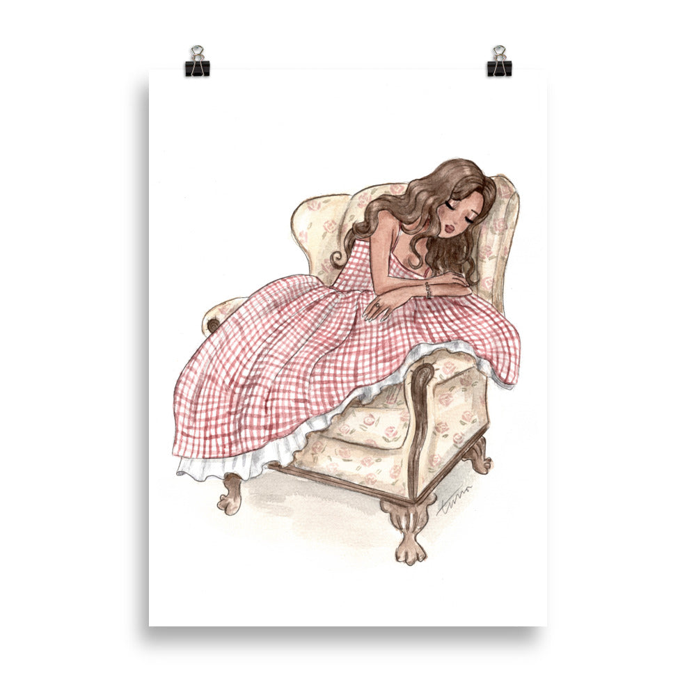 Emmzonn Sleeping Beauty serene bedroom art print in soft watercolor style.