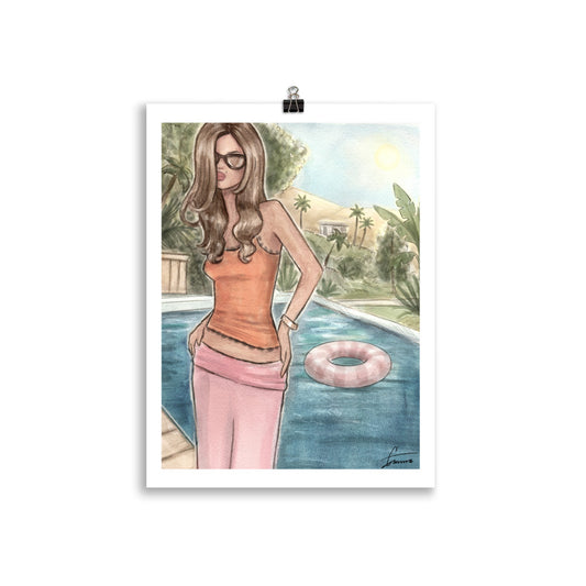 Turquise, orange and hot pink. Summer pool day vibes. Fashion illustration.