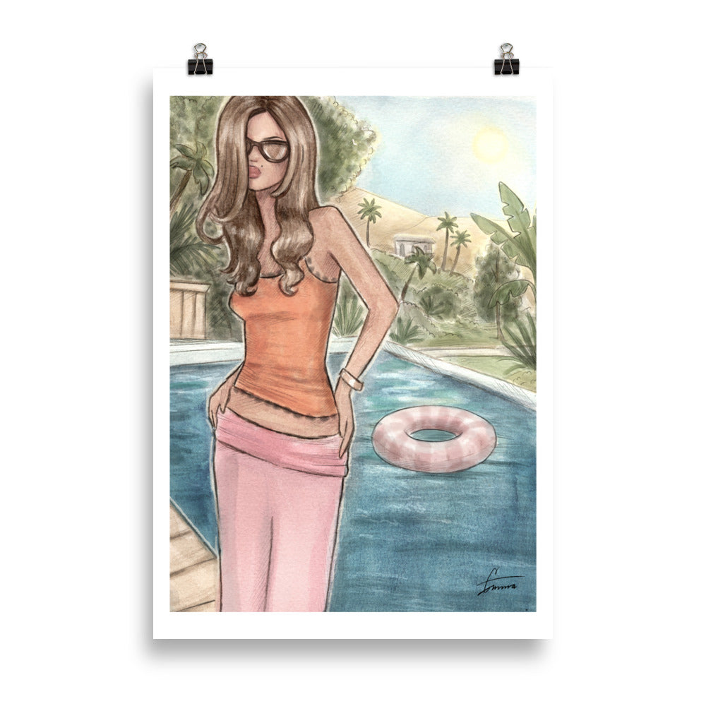 Turquise, orange and hot pink. Summer pool day vibes. Fashion illustration.
