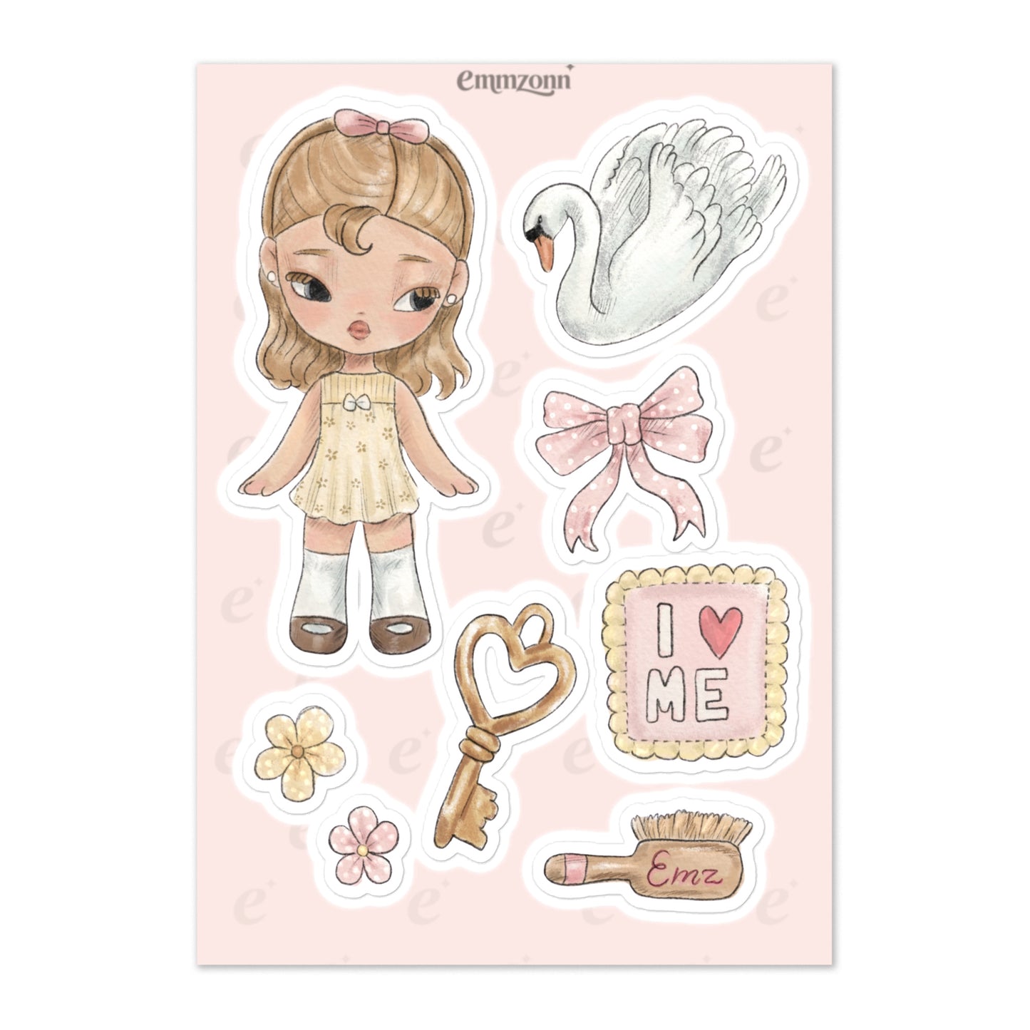 Sheet of cute fashion illustration stickers with girly aesthetic designs by Emmzonn