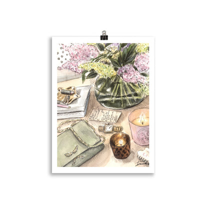 Fashion watercolor illustration of scattered femenine items, bags, and beauty items in a stylish mess, chic art print