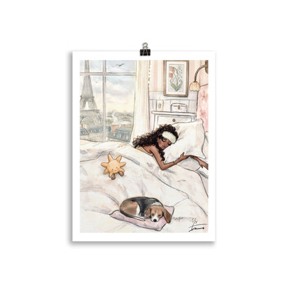 Emmzonn Beauty Sleep illustration featuring a girl resting in a chic setting in paris. Watercolor hand painted.