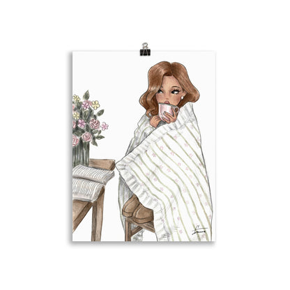 Emmzonn Morning Tea art print with a minimalist watercolor teacup and figure.