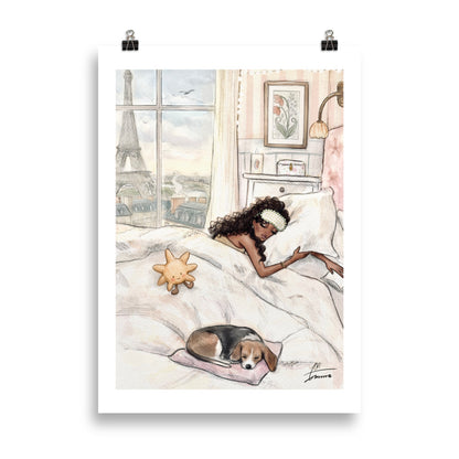Emmzonn Beauty Sleep illustration featuring a girl resting in a chic setting in paris. Watercolor hand painted.