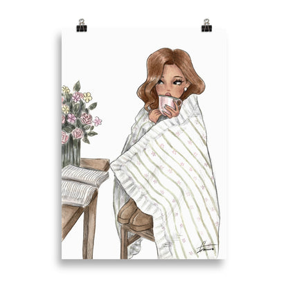 Emmzonn Morning Tea art print with a minimalist watercolor teacup and figure.