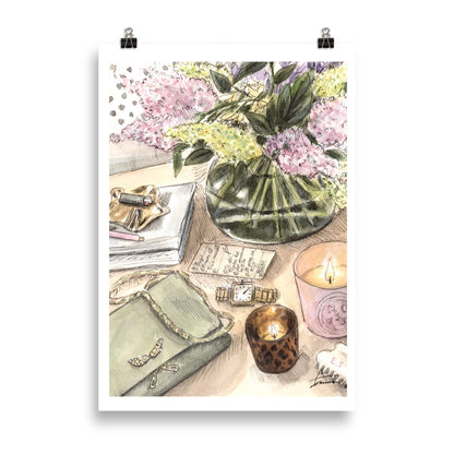 Fashion watercolor illustration of scattered femenine items, bags, and beauty items in a stylish mess, chic art print