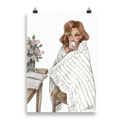 Emmzonn Morning Tea art print with a minimalist watercolor teacup and figure.