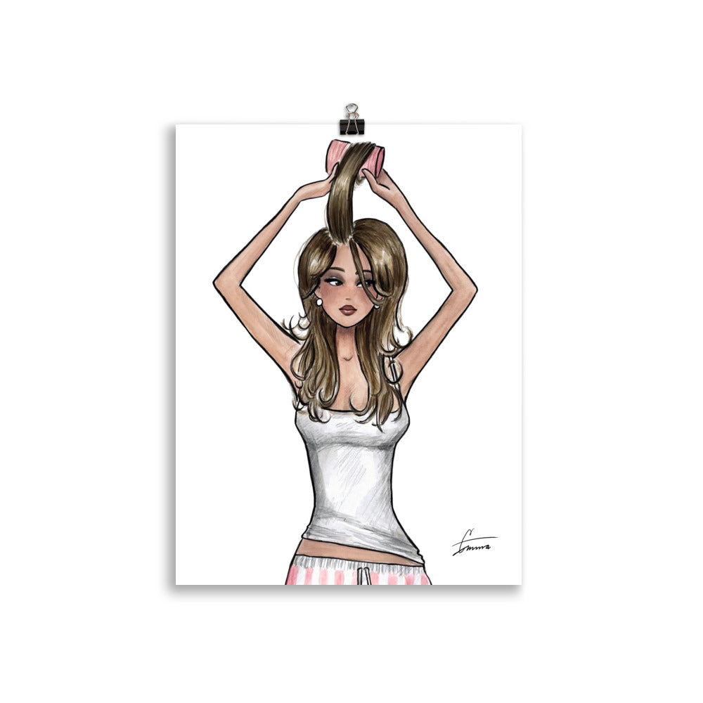  hand-painted printed Getting Ready illustration. A chic watercolor print on archival matte paper. girl doing her hair, girlhood in a poster. Discover Emmzonn.