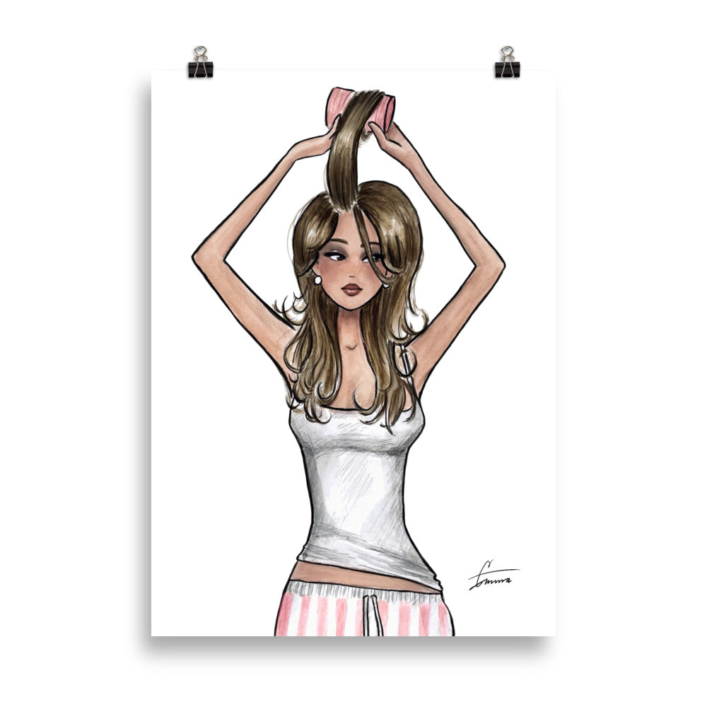  hand-painted printed Getting Ready illustration. A chic watercolor print on archival matte paper. girl doing her hair, girlhood in a poster. Discover Emmzonn.