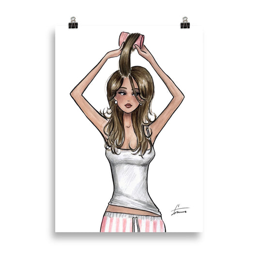  hand-painted printed Getting Ready illustration. A chic watercolor print on archival matte paper. girl doing her hair, girlhood in a poster. Discover Emmzonn.