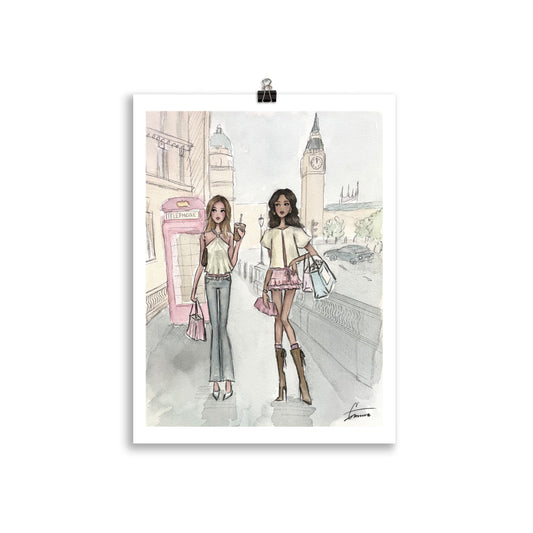 Emmzonn hand-painted watercolor printed fashion illustration of a chic girls in London. Girls shopping trip in London. Muted pastel colors. 