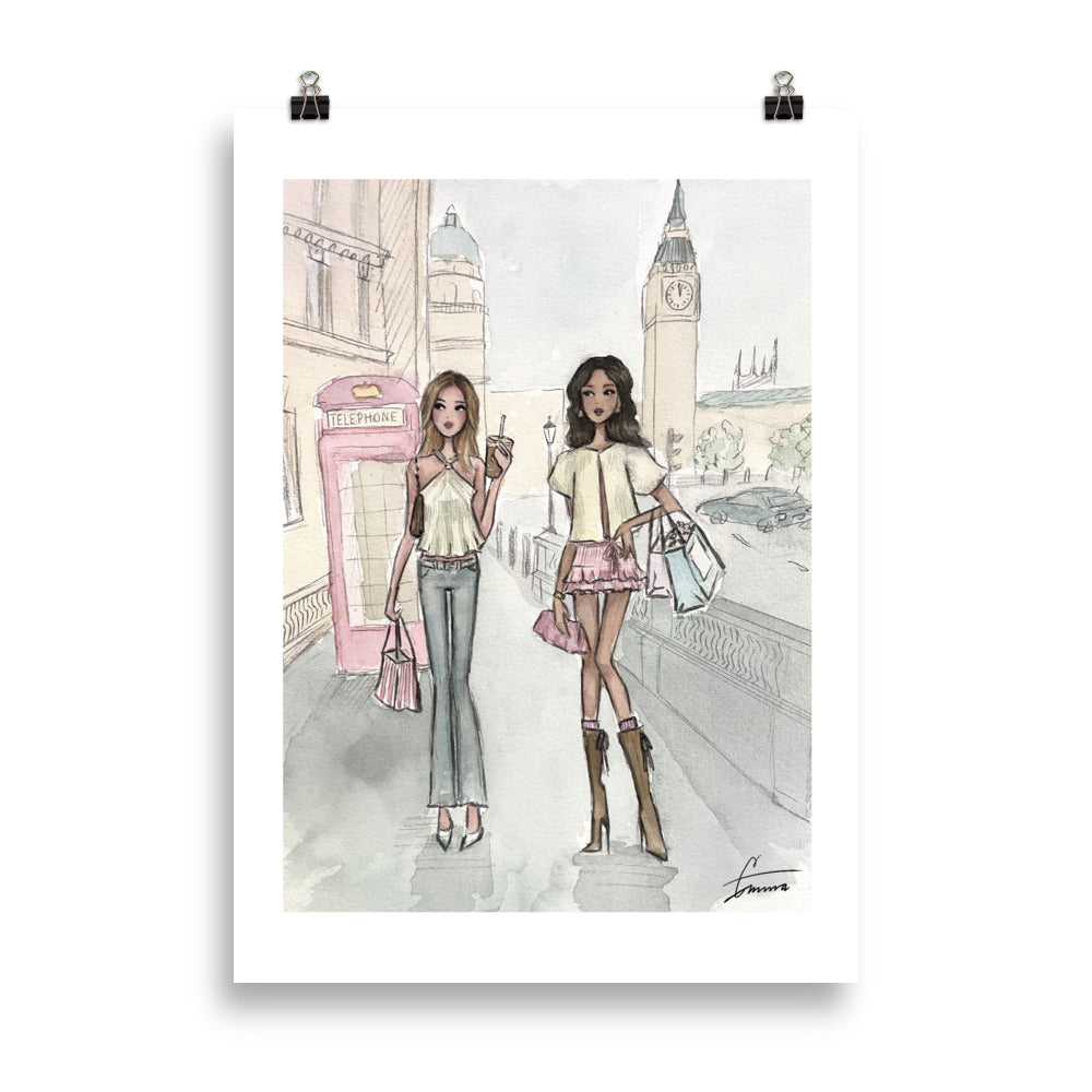 Emmzonn hand-painted watercolor printed fashion illustration of a chic girls in London. Girls shopping trip in London. Muted pastel colors. 