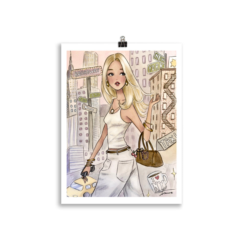 blonde girl in New york city collage NYC background, Sophisticated hand-painted NYC fashion illustration watercolor art print.