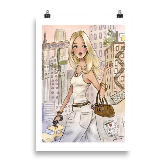 blonde girl in New york city collage NYC background, Sophisticated hand-painted NYC fashion illustration watercolor art print.