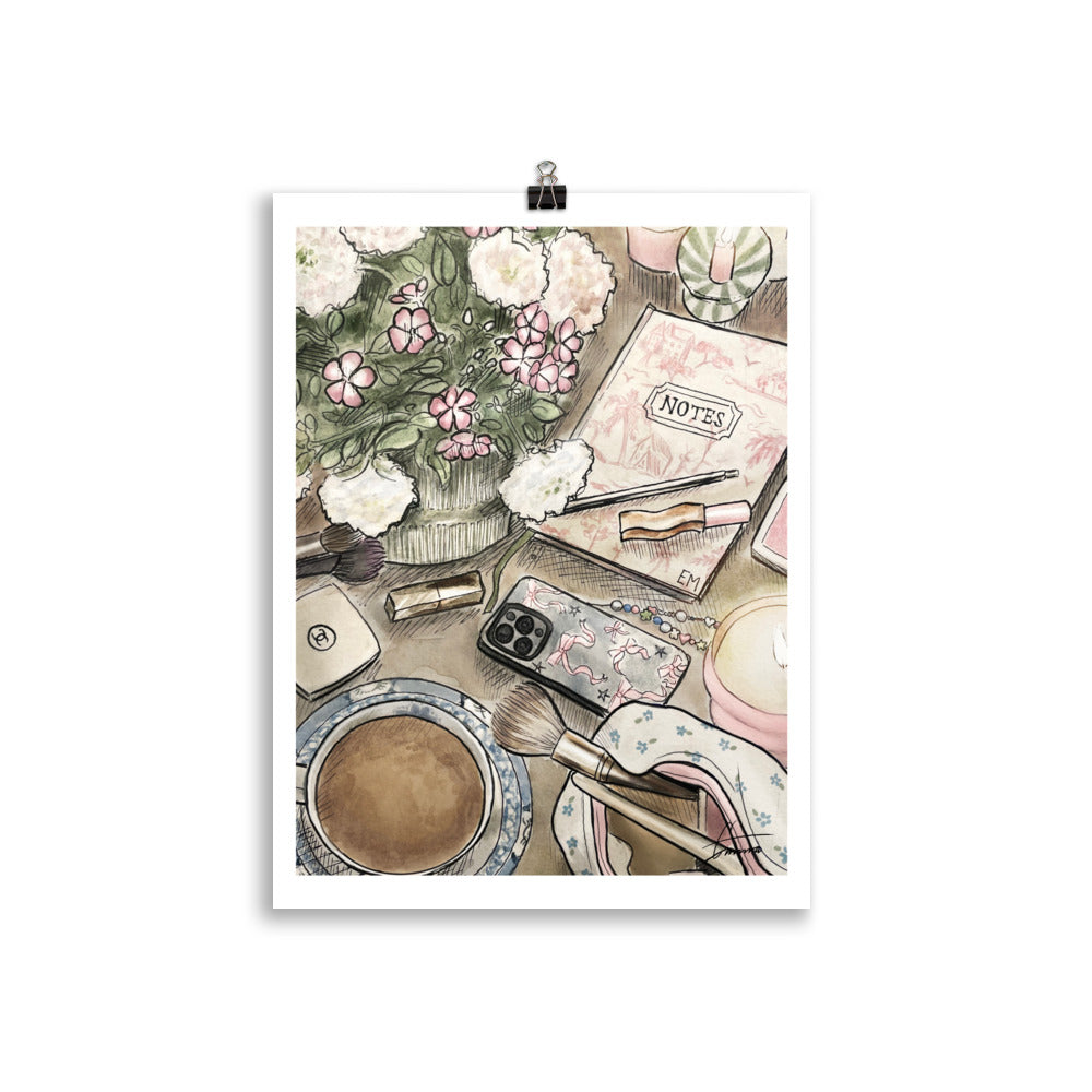 Watercolor illustration chic mess on table. Girlhood on a table, flowers, books, candles. Light pink and green color theme. Feminine chic pretty relatable print