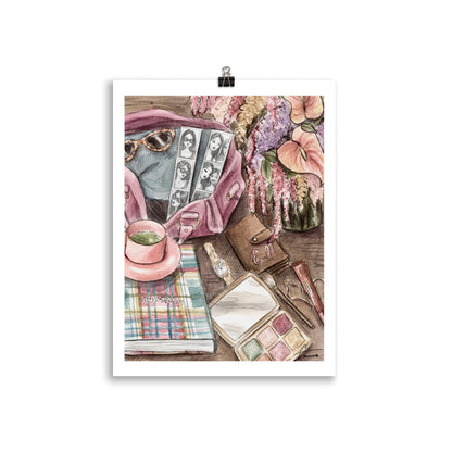 Fashion illustration of scattered beauty items and accessories in a stylish mess, chic art print
