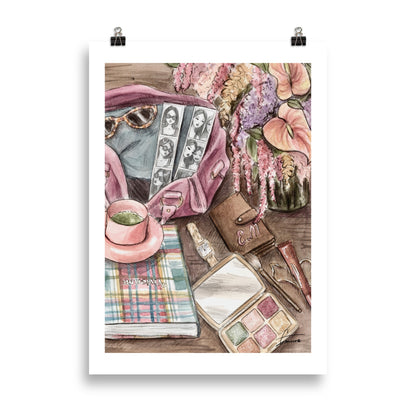 Fashion illustration of scattered beauty items and accessories in a stylish mess, chic art print

