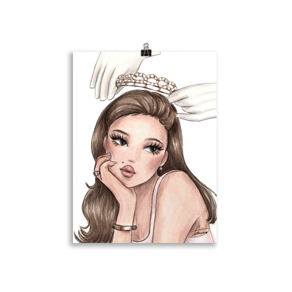 Fashion illustration of a cool chic portrair girl with a crown on her head, princess treatment self-care poster