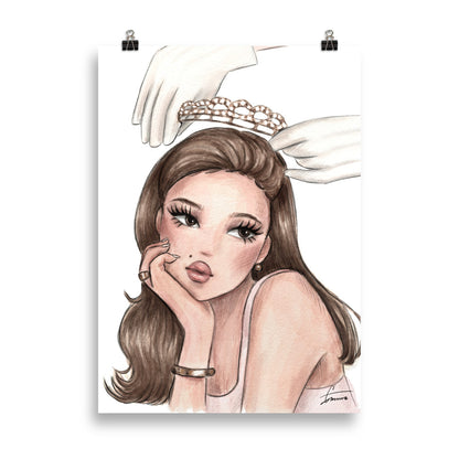 Fashion illustration of a cool chic portrair girl with a crown on her head, princess treatment self-care poster
