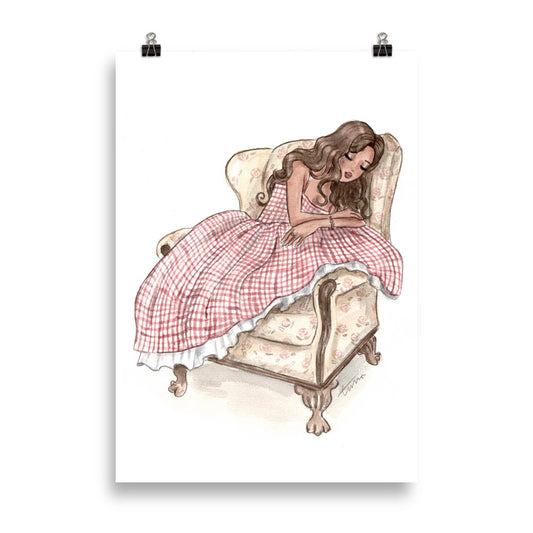 Emmzonn Sleeping Beauty serene bedroom art print in soft watercolor style.