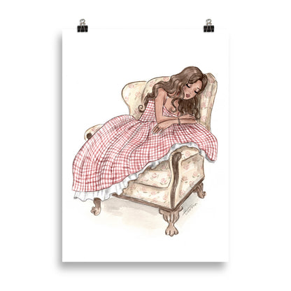 Emmzonn Sleeping Beauty serene bedroom art print in soft watercolor style.
