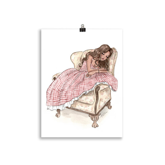 Emmzonn Sleeping Beauty serene bedroom art print in soft watercolor style.