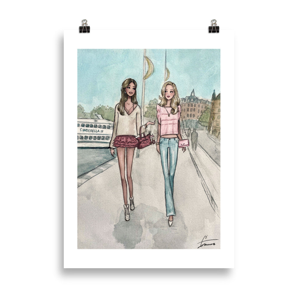 Elegant hand-painted watercolor fashion illustration of Strandvägen, Stockholm.