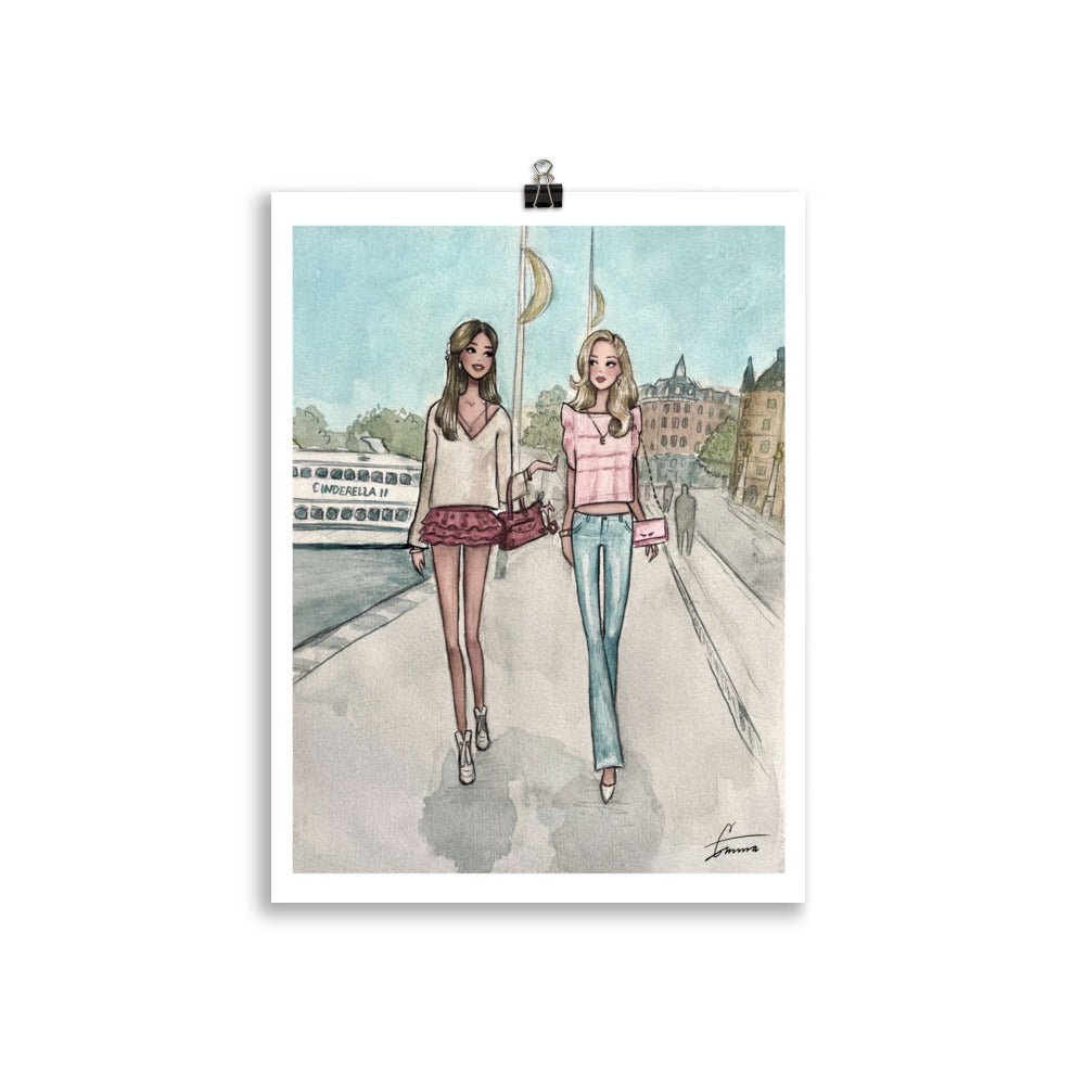 Elegant hand-painted watercolor fashion illustration of Strandvägen, Stockholm.