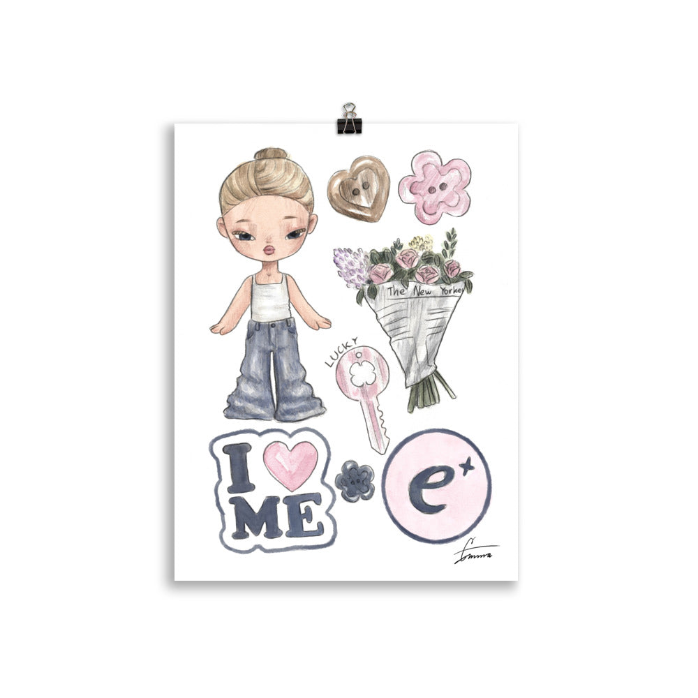 Cute EMZ character illustration wearing jeans, adorable girly denim fashion art print