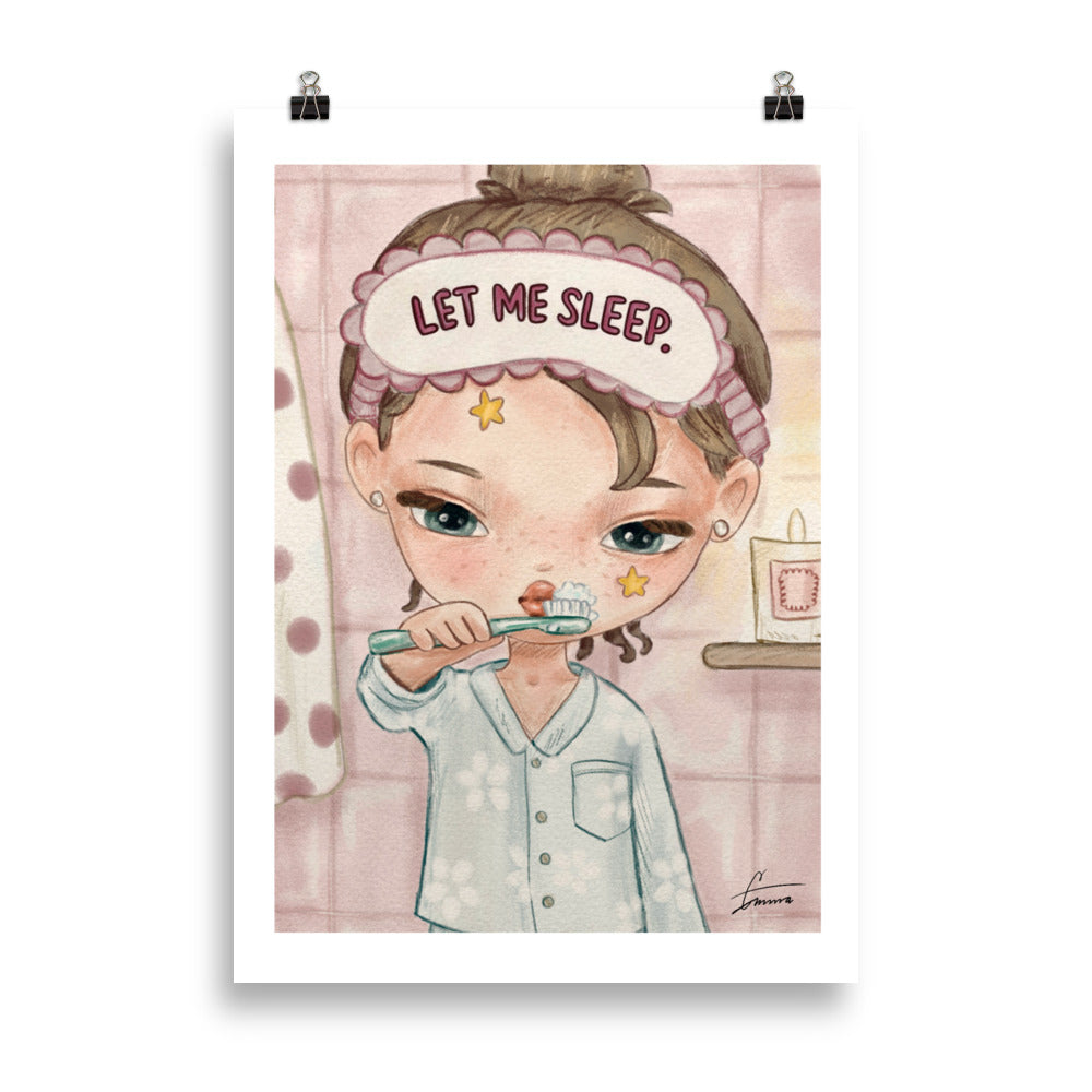 Fashion illustration of a sleeping girl in a cozy dreamy setting, sleepy bedroom art print