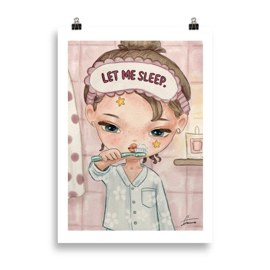 Fashion illustration of a sleeping girl in a cozy dreamy setting, sleepy bedroom art print