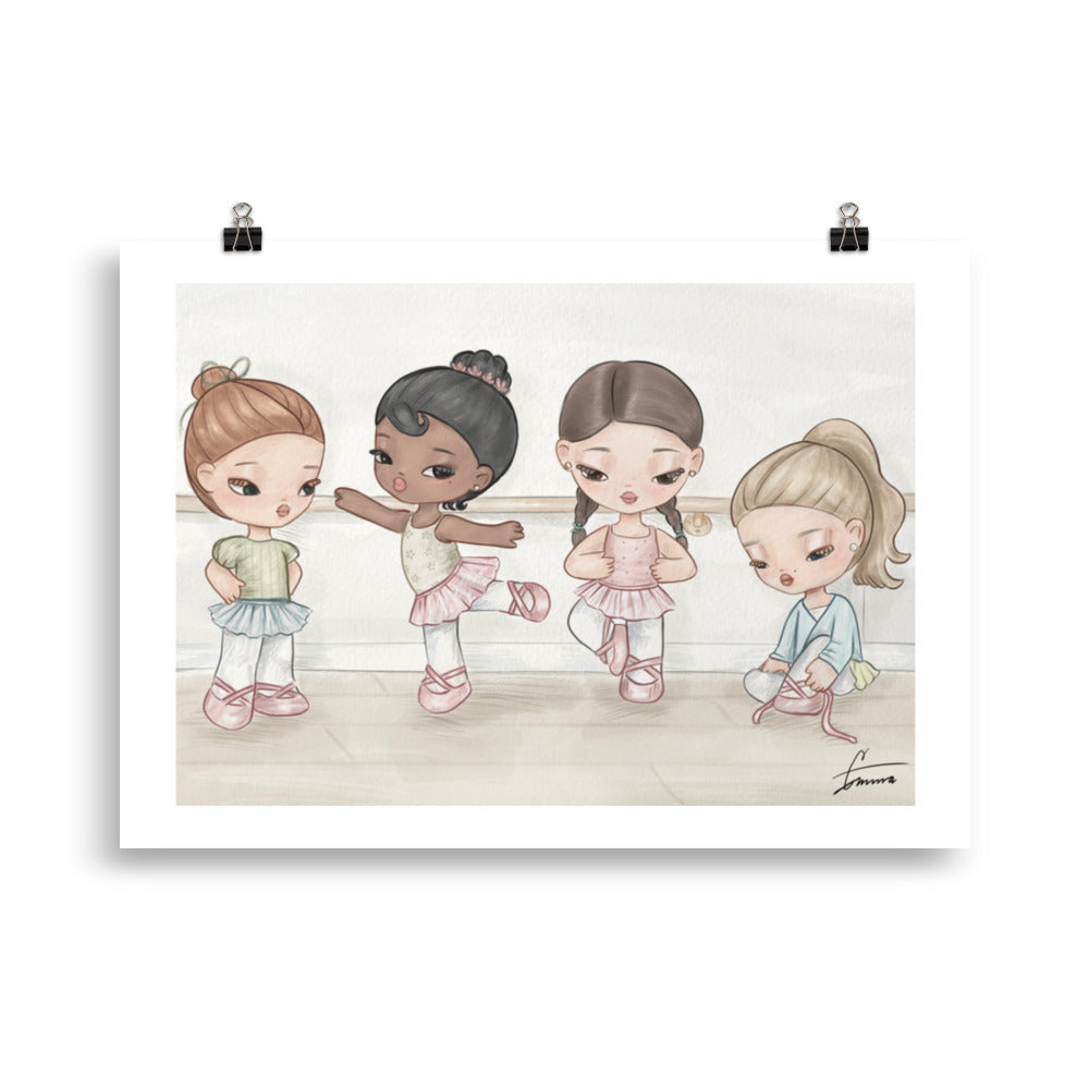 Watercolor illustration of little ballerinas in tutus dancing, ballet dance art print