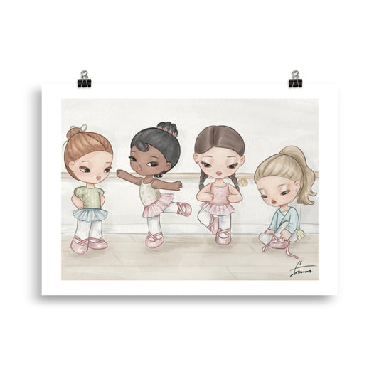 Watercolor illustration of little ballerinas in tutus dancing, ballet dance art print