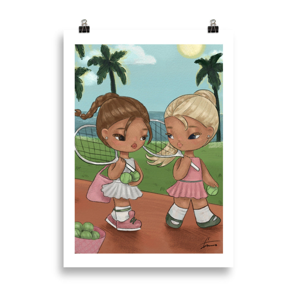 Fashion illustration of a woman in a tennis outfit on the court, preppy tennis art print