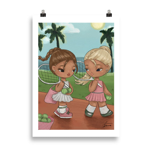 Fashion illustration of a woman in a tennis outfit on the court, preppy tennis art print
