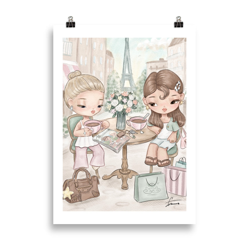 Fashion illustration of a chic woman in Paris with the Eiffel Tower, Parisian style art print