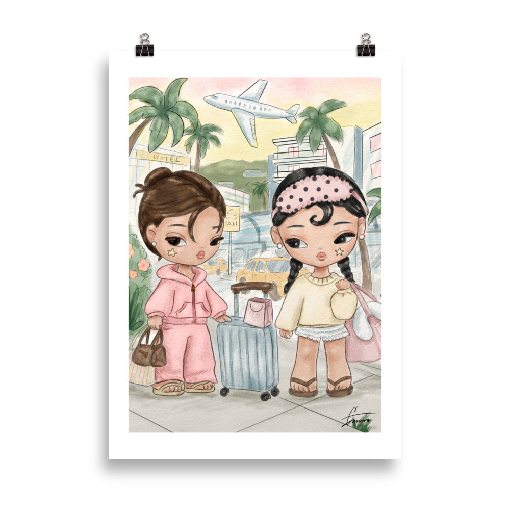 Fashion illustration of a stylish woman on vacation with luggage in a tropical setting, travel art print