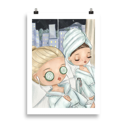 Fashion illustration of a woman in a spa robe with face mask, spa day art print on matte paper