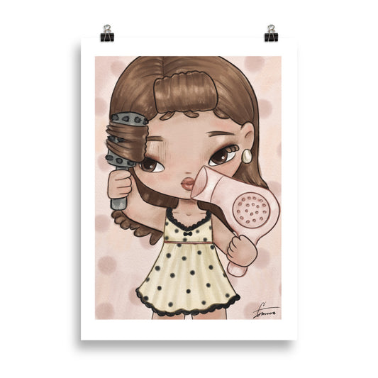 Fashion illustration of a woman getting a glamorous blow dry at a salon, beauty art print