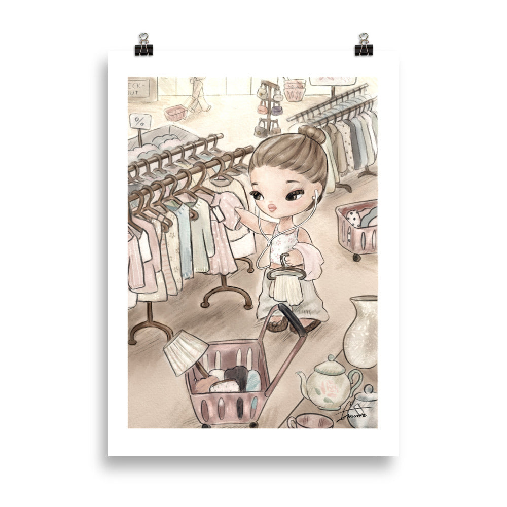 Fashion illustration of a stylish girl thrifting and shopping for vintage fashion finds, art print