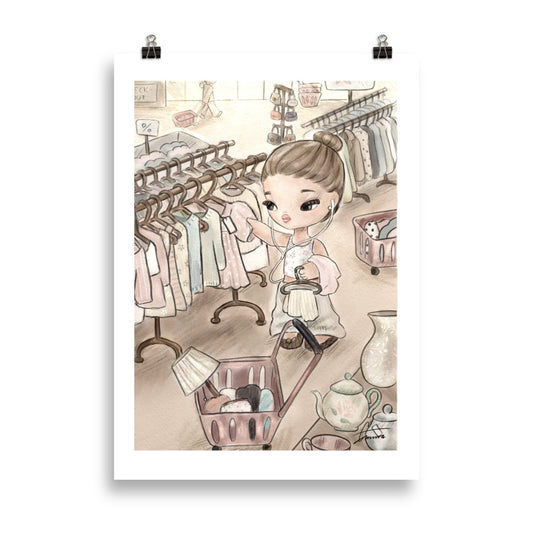 Fashion illustration of a stylish girl thrifting and shopping for vintage fashion finds, art print
