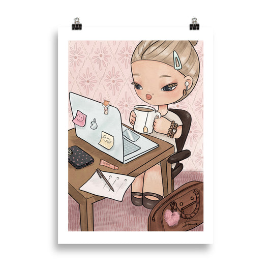 Stylish fashion illustration of a woman in a chic office setting, professional boss babe art print