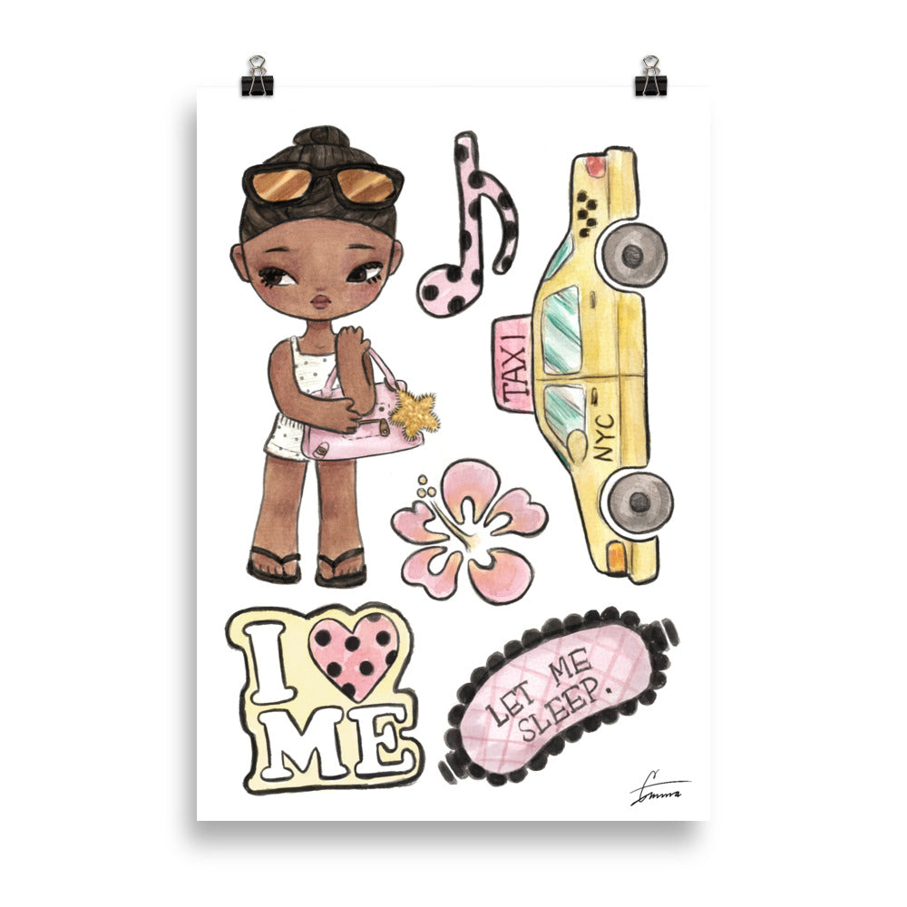 Cute EMZ character illustration in a NYC city setting, adorable girly urban art print