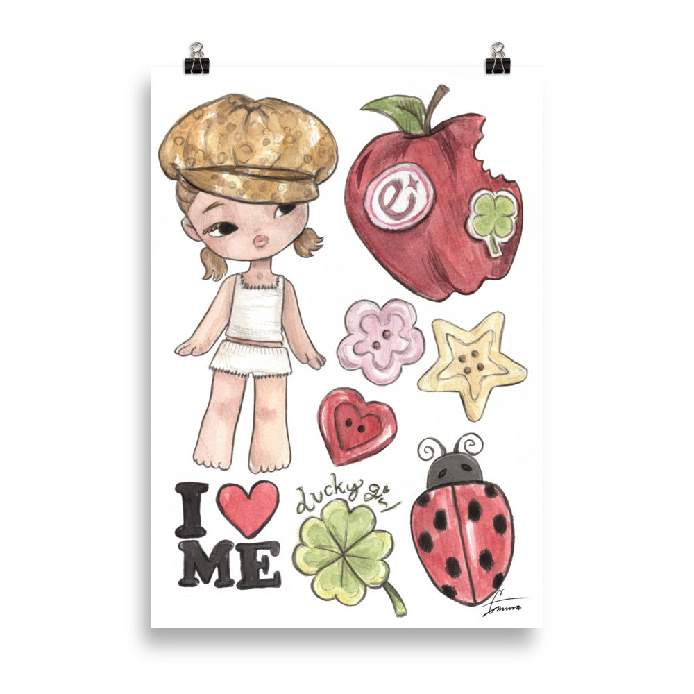 Cute EMZ character illustration wearing a cap, adorable kawaii streetwear girly art print