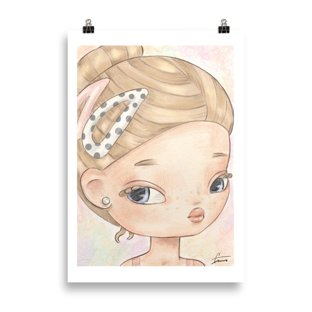 Cute EMZ character illustration with hair clips, adorable kawaii beauty girly art print